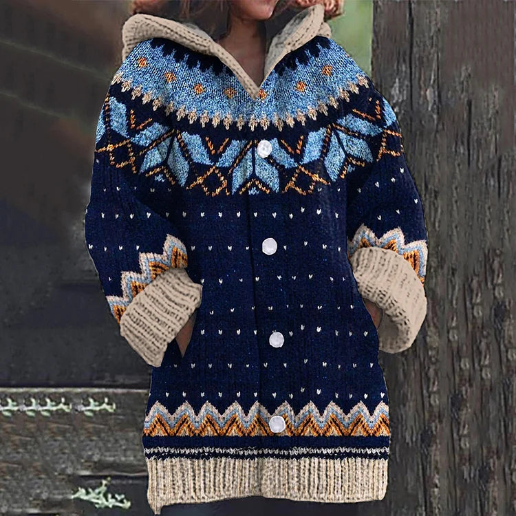 Women's Fair Isle Hooded Knit Cardigan with Button Front