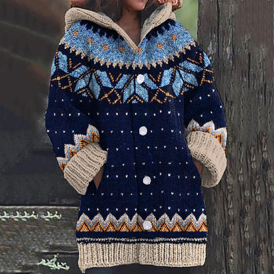 Women's Fair Isle Hooded Knit Cardigan with Button Front