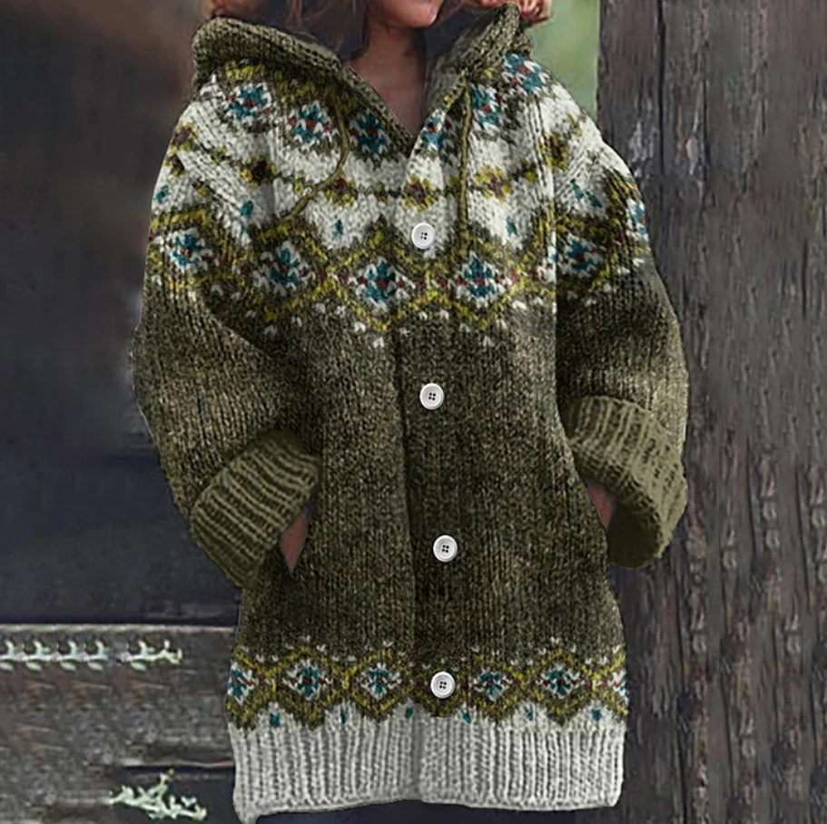 Women's Fair Isle Hooded Knit Cardigan with Button Front