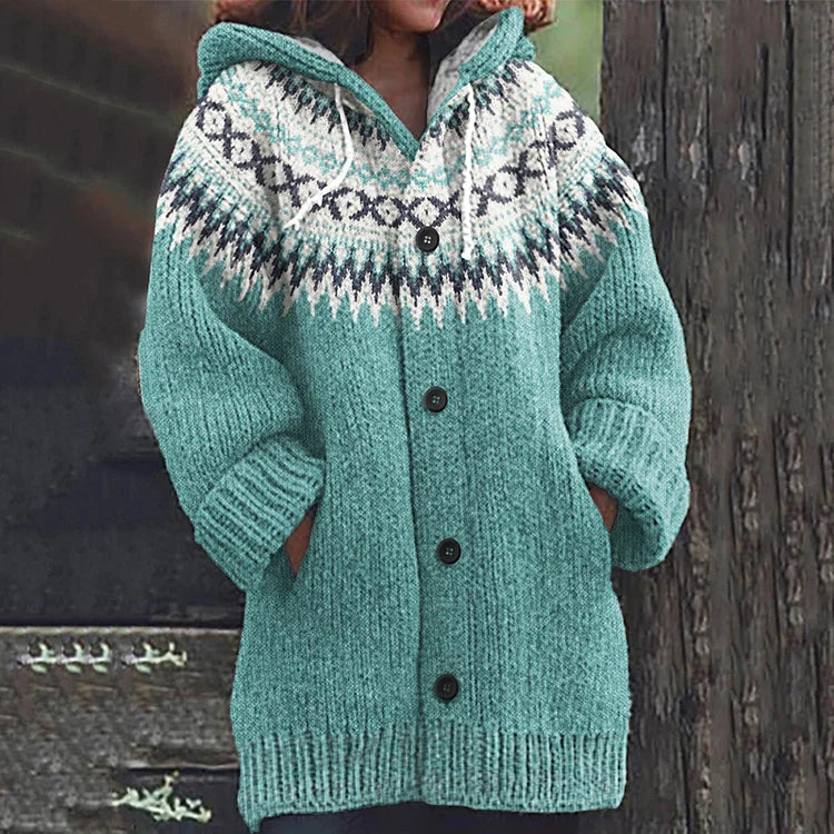 Women's Fair Isle Hooded Knit Cardigan with Button Front
