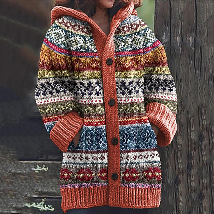 Women's Fair Isle Hooded Knit Cardigan with Button Front