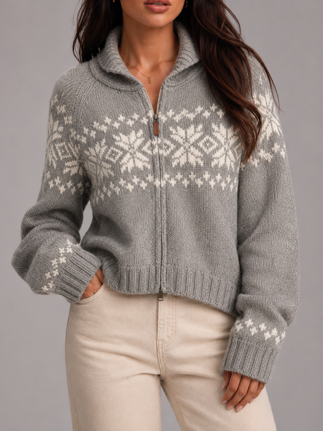 Women's Fair Isle Zip-Up Knit Cardigan