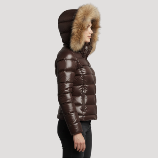 Women's Faux Fur Hooded Puffer Jacket with Glossy Finish
