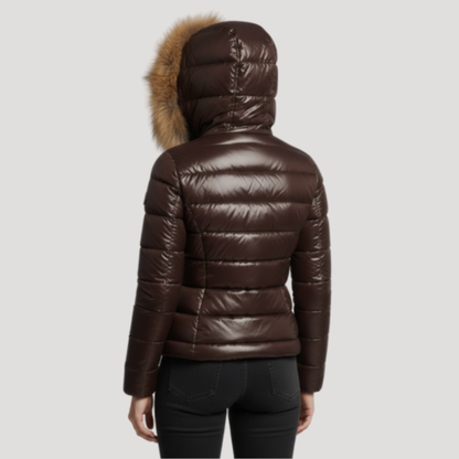 Women's Faux Fur Hooded Puffer Jacket with Glossy Finish