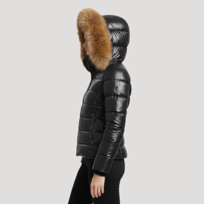 Women's Faux Fur Hooded Puffer Jacket with Glossy Finish