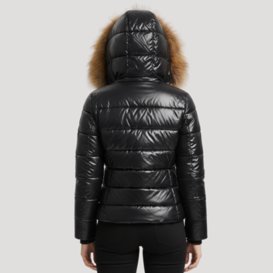 Women's Faux Fur Hooded Puffer Jacket with Glossy Finish