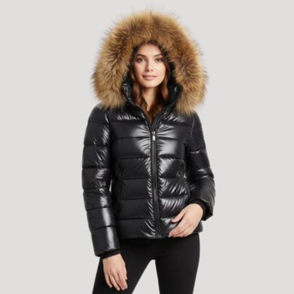 Women's Faux Fur Hooded Puffer Jacket with Glossy Finish