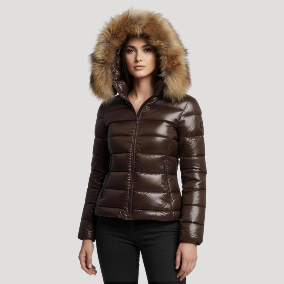 Women's Faux Fur Hooded Puffer Jacket with Glossy Finish