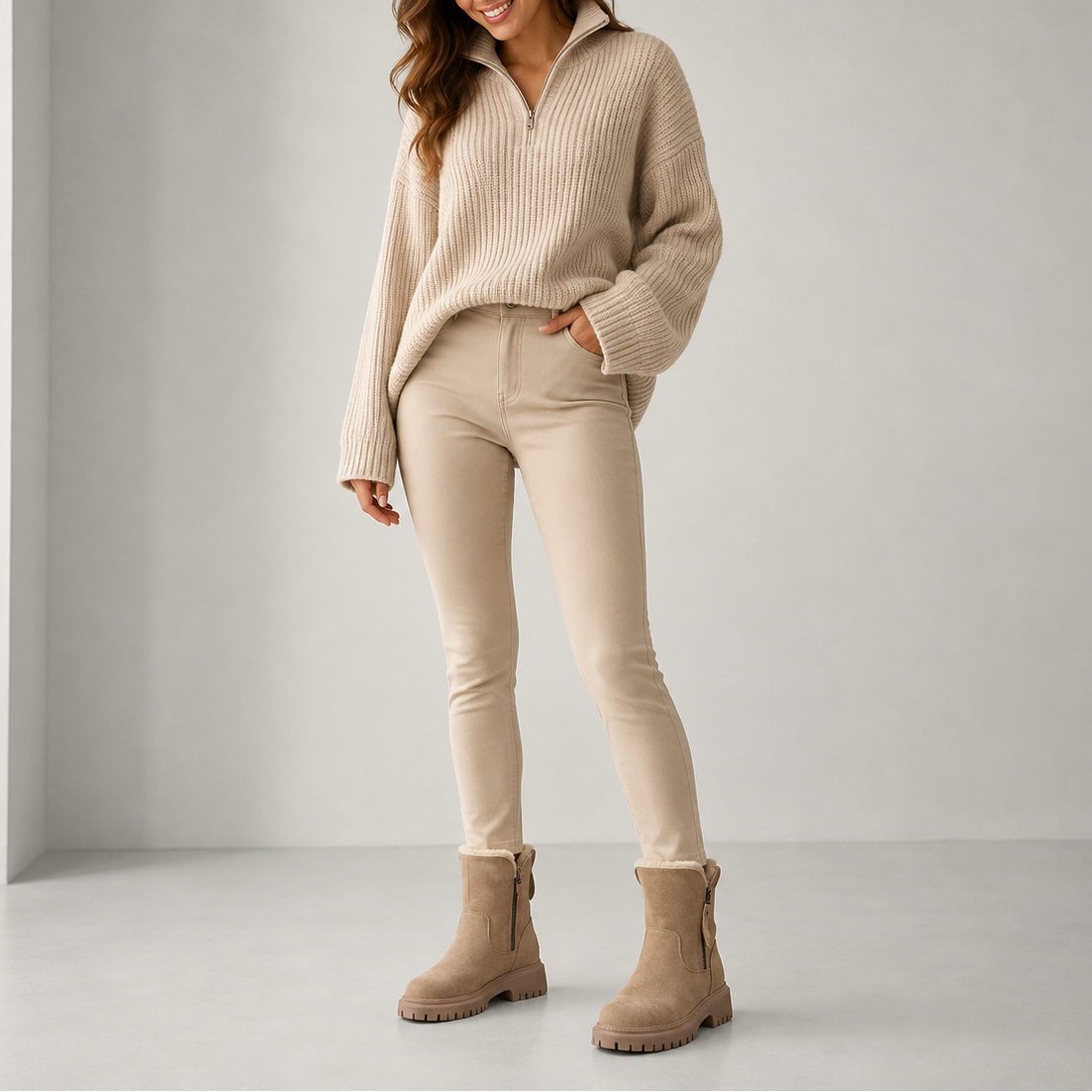 Women's faux fur lined winter ankle boots styled outfit