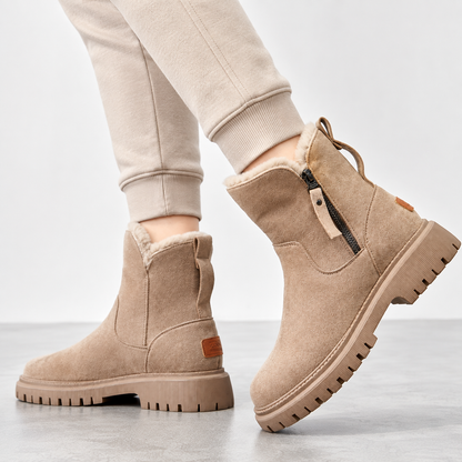 Women's faux fur lined winter ankle boots with chunky sole front view