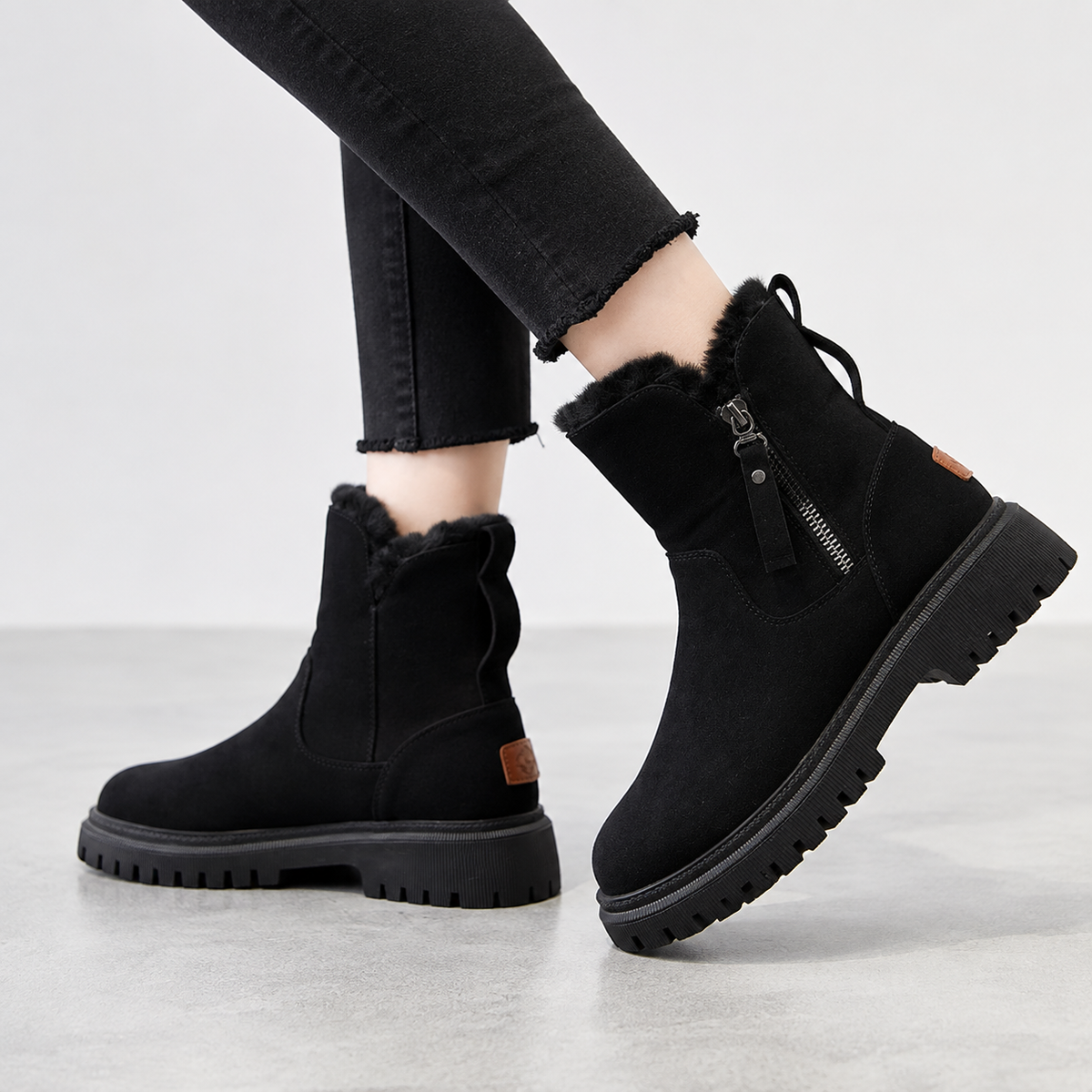 Women's faux fur lined winter ankle boots side zip detail