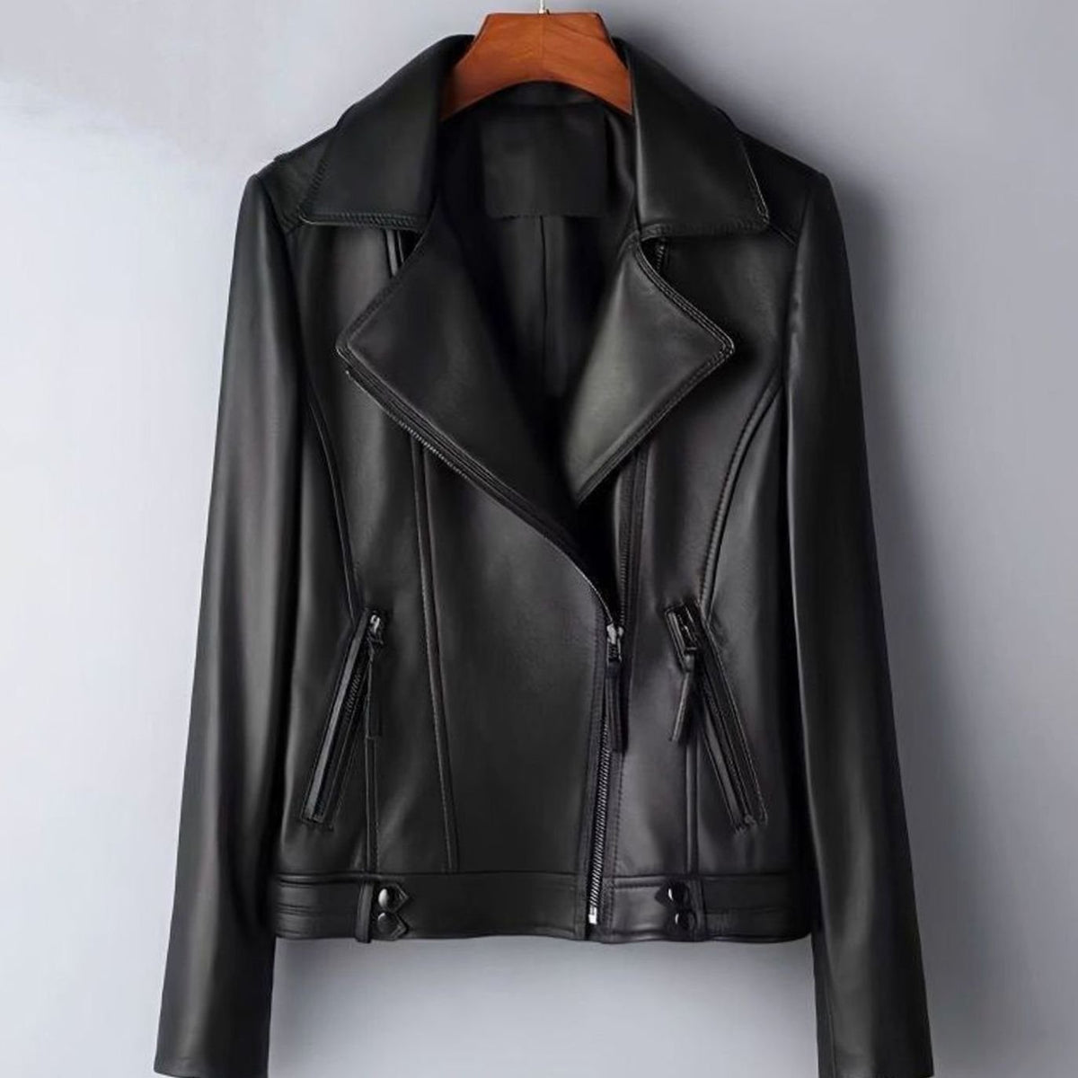 Women's Faux Leather Biker Jacket Structured Feminine Zip-Up