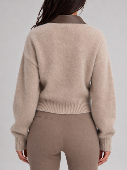 Women's Faux Leather Collar Fuzzy Knit Zip Cardigan