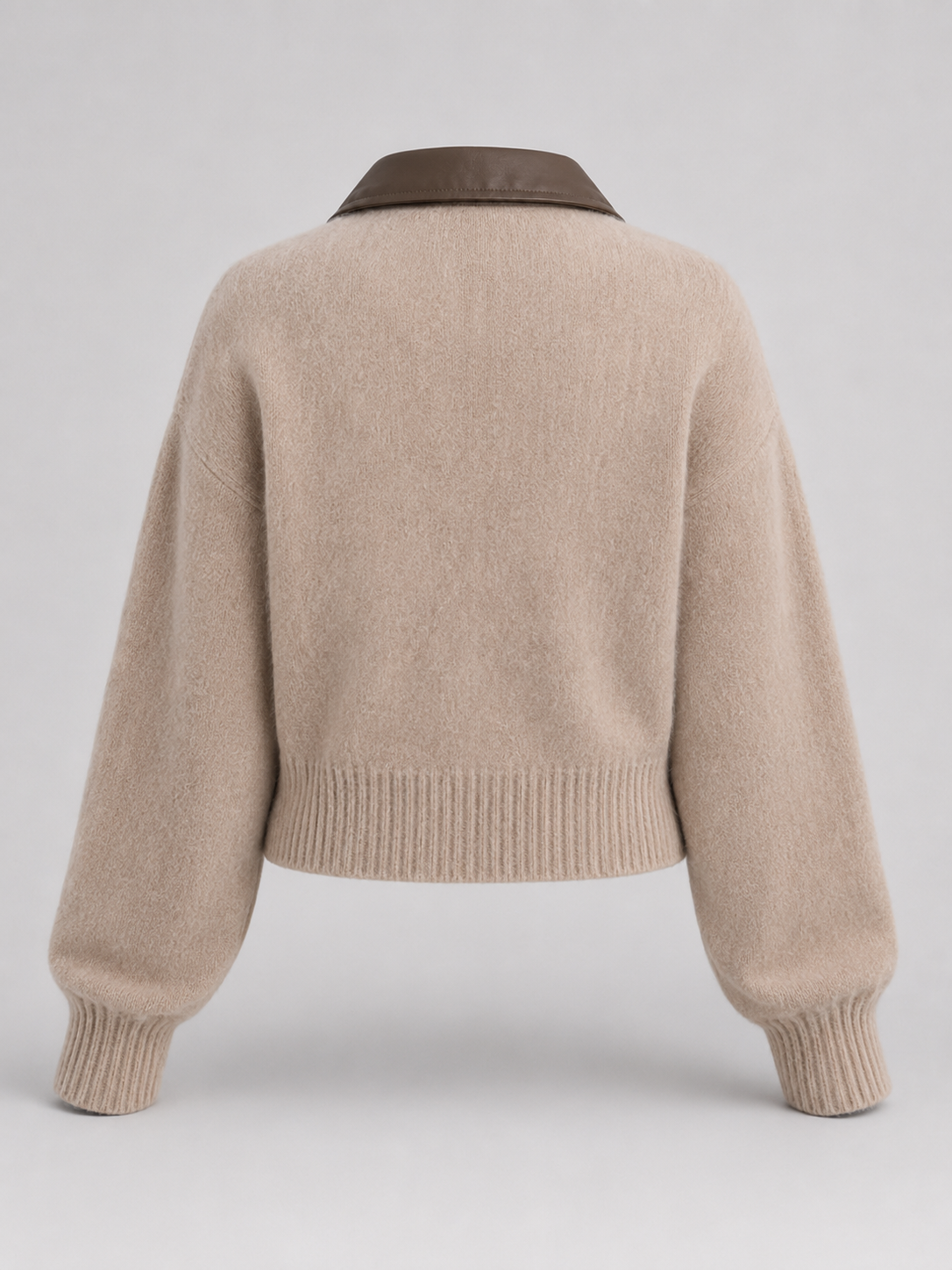 Women's Faux Leather Collar Fuzzy Knit Zip Cardigan