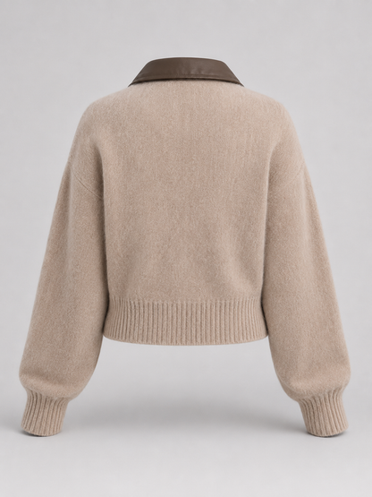 Women's Faux Leather Collar Fuzzy Knit Zip Cardigan