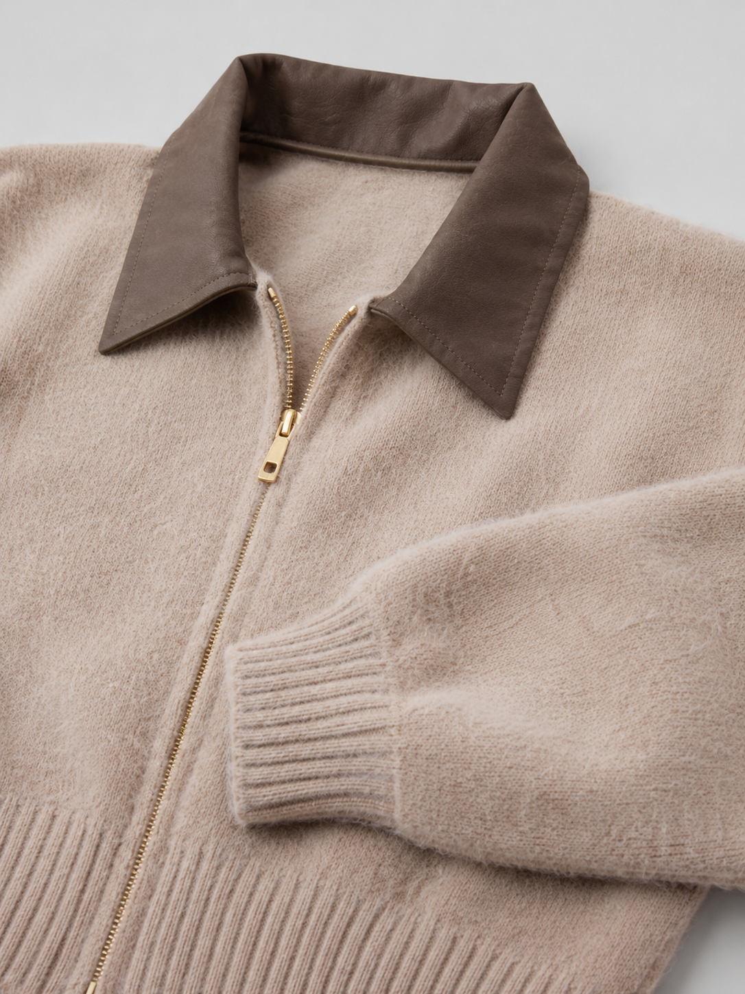 Women's Faux Leather Collar Fuzzy Knit Zip Cardigan