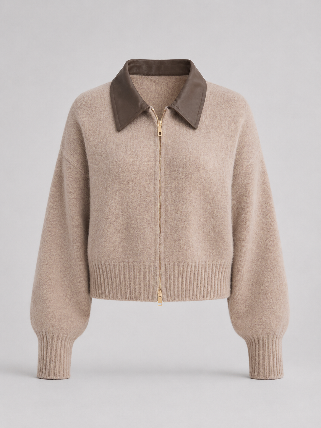 Women's Faux Leather Collar Fuzzy Knit Zip Cardigan