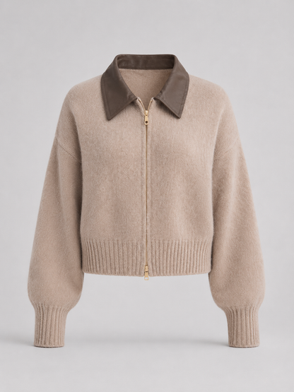 Women's Faux Leather Collar Fuzzy Knit Zip Cardigan