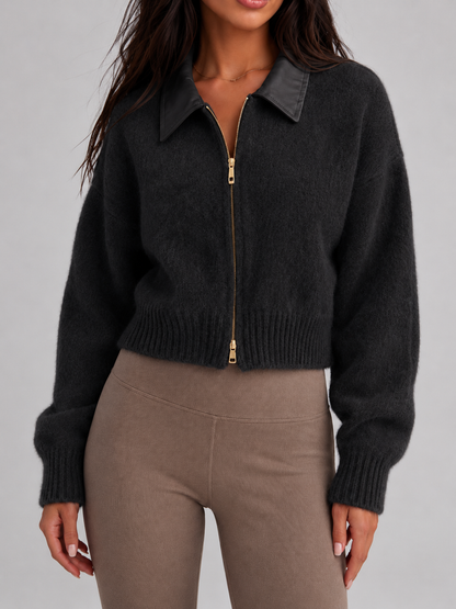 Women's Faux Leather Collar Fuzzy Knit Zip Cardigan