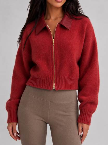 Women's Faux Leather Collar Fuzzy Knit Zip Cardigan