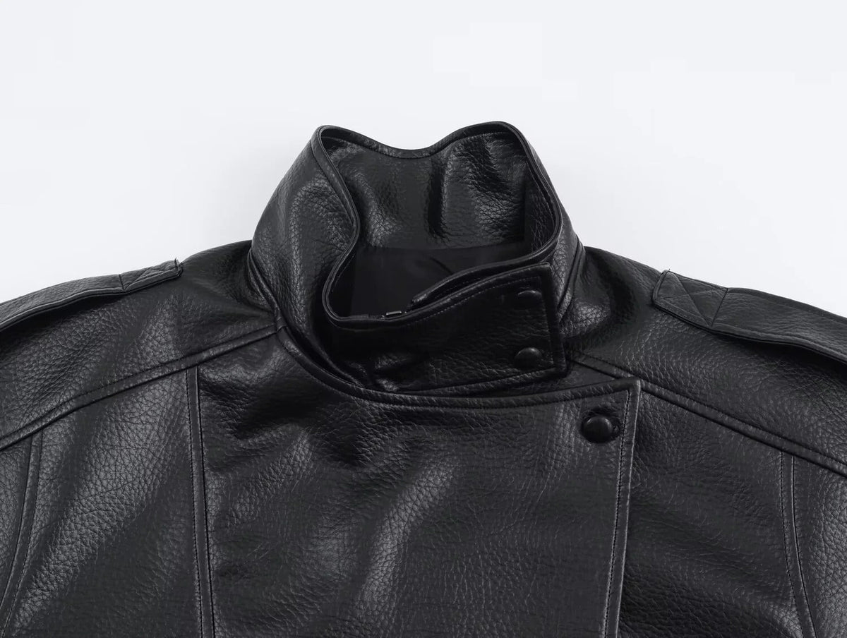 Women's Faux Leather High Neck Zip Up Jacket