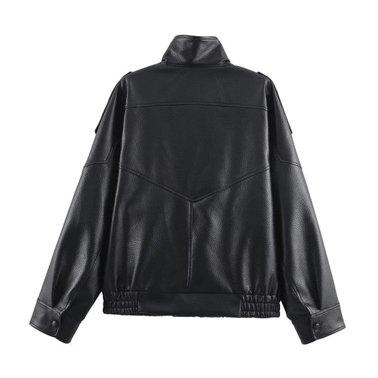 Women's Faux Leather High Neck Zip Up Jacket