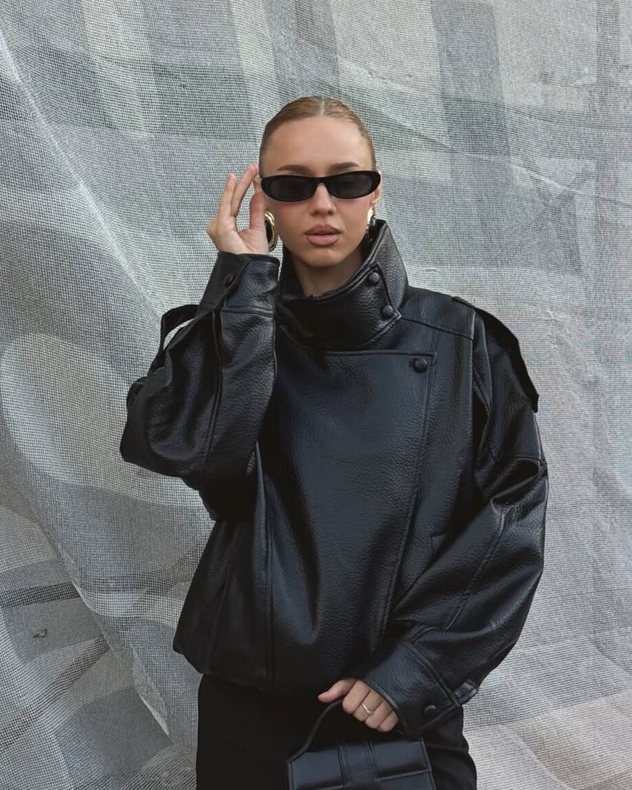Women's Faux Leather High Neck Zip Up Jacket