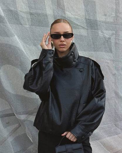 Women's Faux Leather High Neck Zip Up Jacket