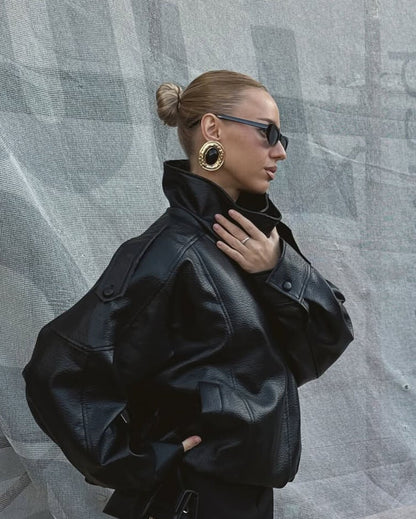 Women's Faux Leather High Neck Zip Up Jacket