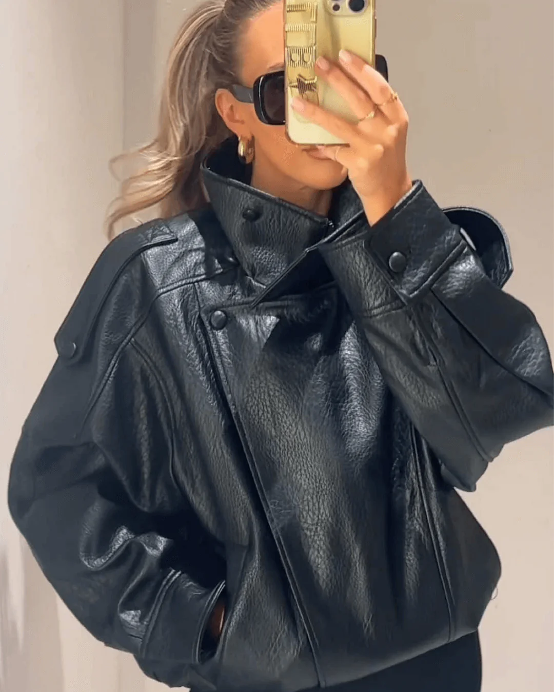Women's Faux Leather High Neck Zip Up Jacket
