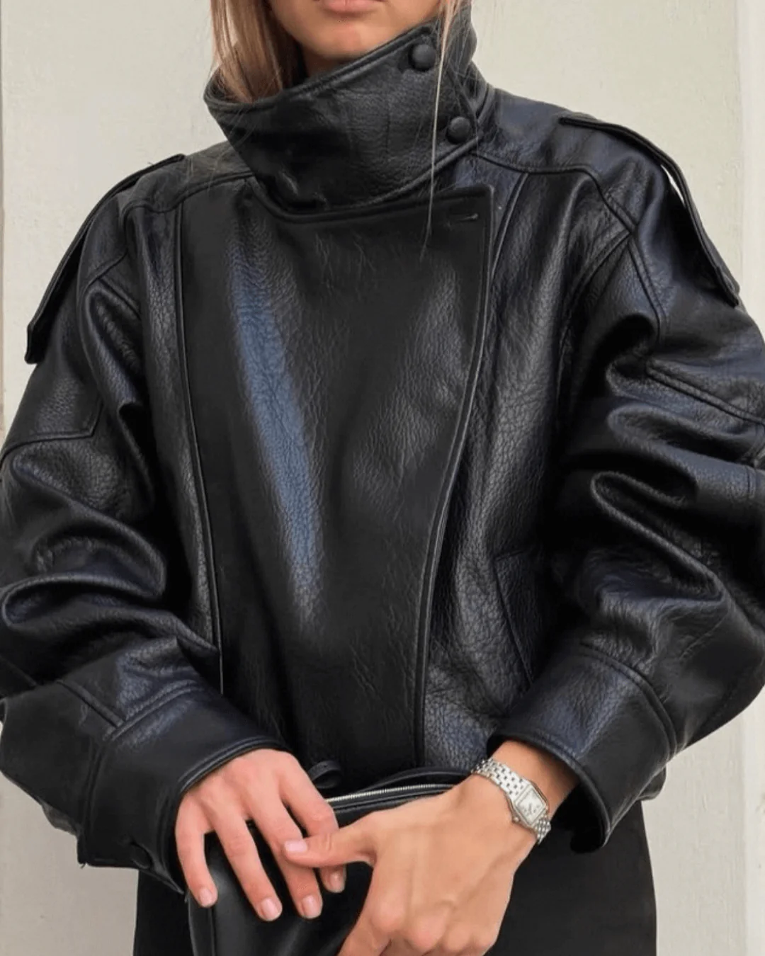 Women's Faux Leather High Neck Zip Up Jacket