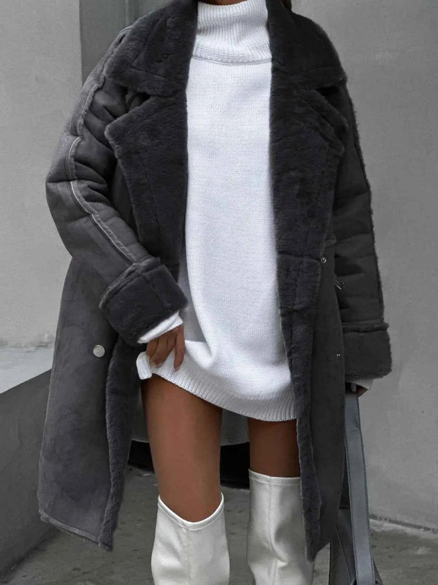 Women's Faux Shearling Double Breasted Faux Suede Coat