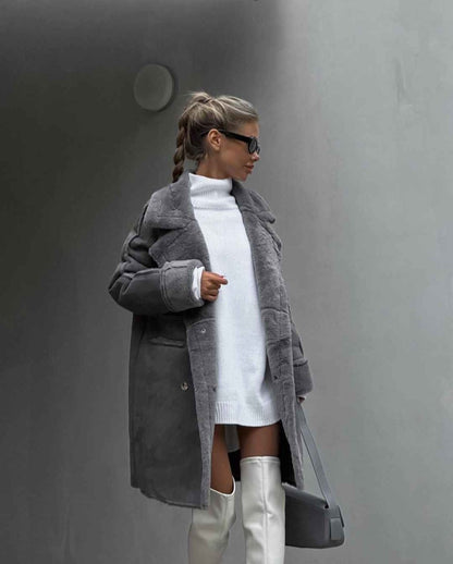 Women's Faux Shearling Double Breasted Faux Suede Coat