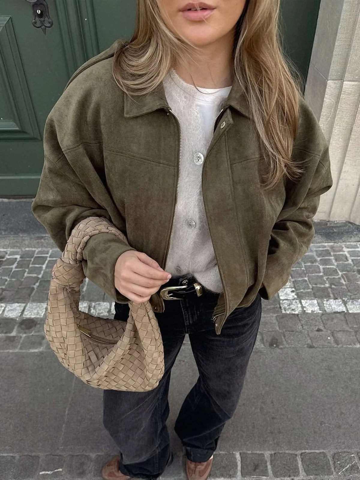 Women's Faux Suede Bomber Jacket with Collar