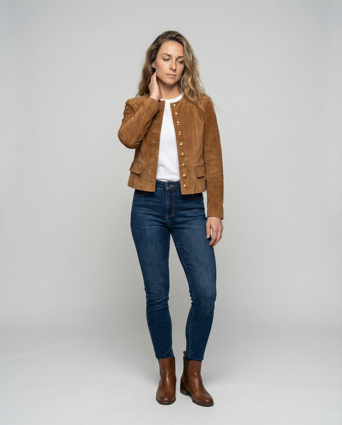 Women's Faux Suede Collarless Gold-Button Jacket