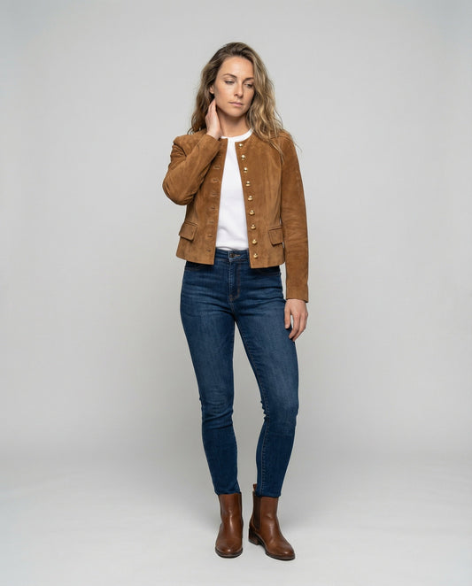 Women's Faux Suede Collarless Gold-Button Jacket