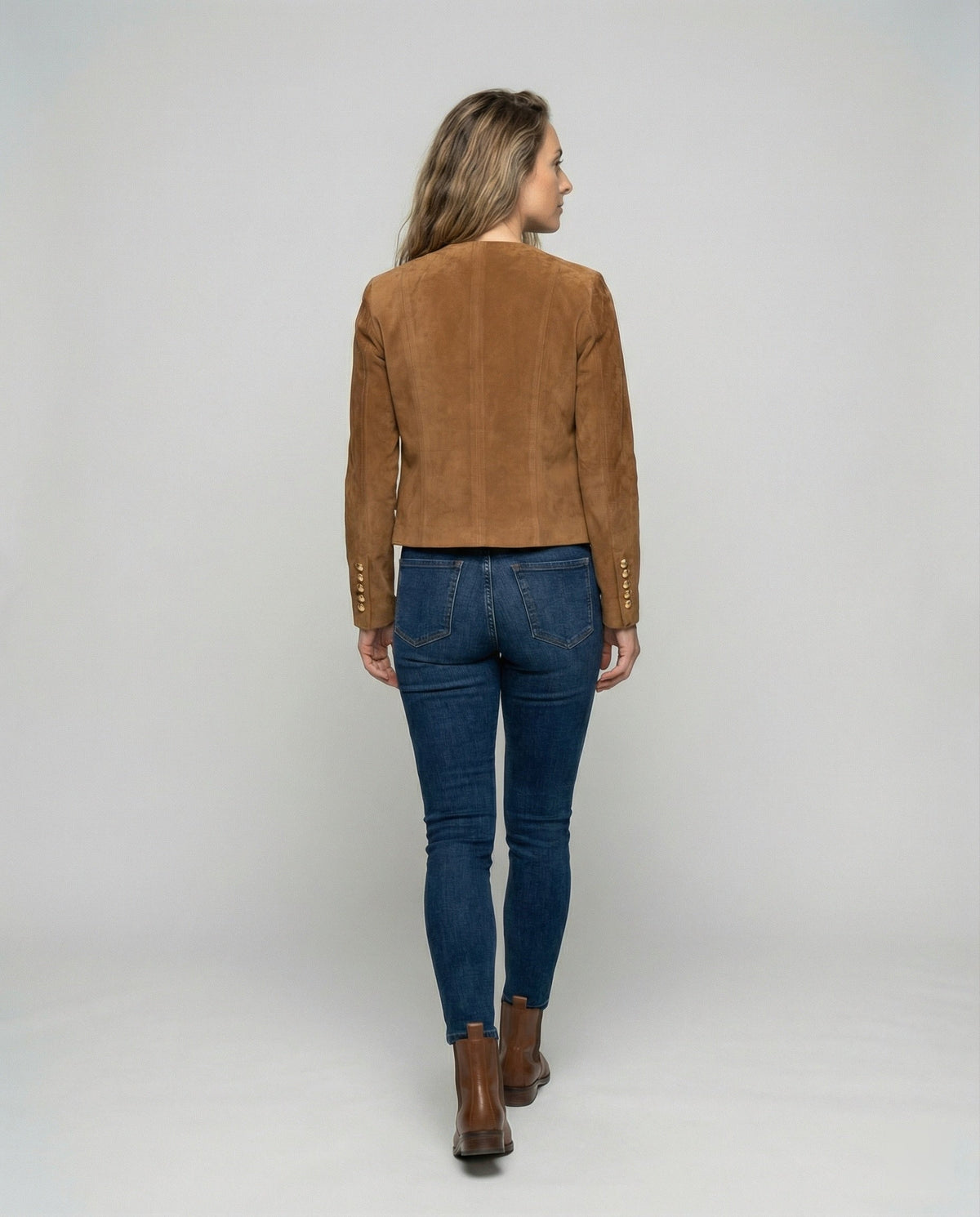 Women's Faux Suede Collarless Gold-Button Jacket
