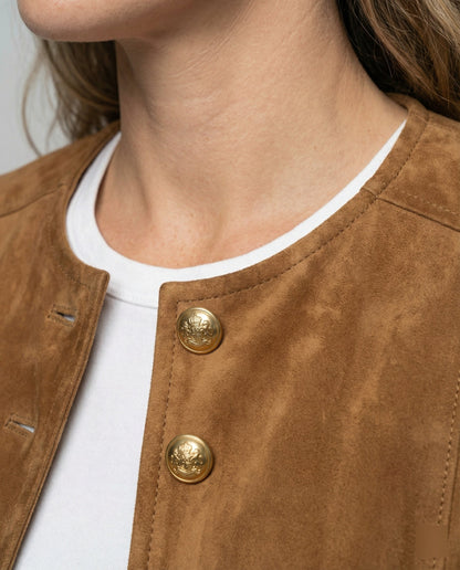 Women's Faux Suede Collarless Gold-Button Jacket