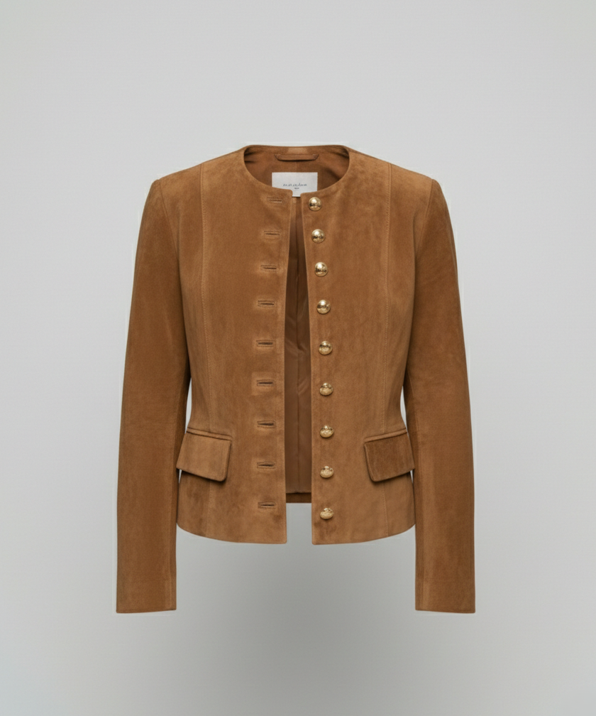 Women's Faux Suede Collarless Gold-Button Jacket