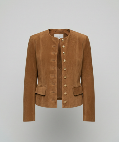 Women's Faux Suede Collarless Gold-Button Jacket