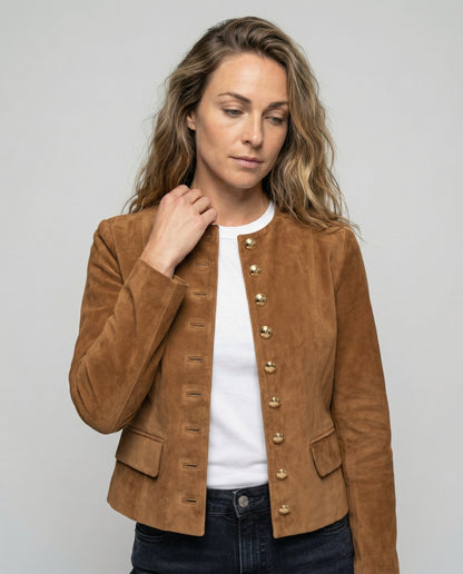 Women's Faux Suede Collarless Gold-Button Jacket