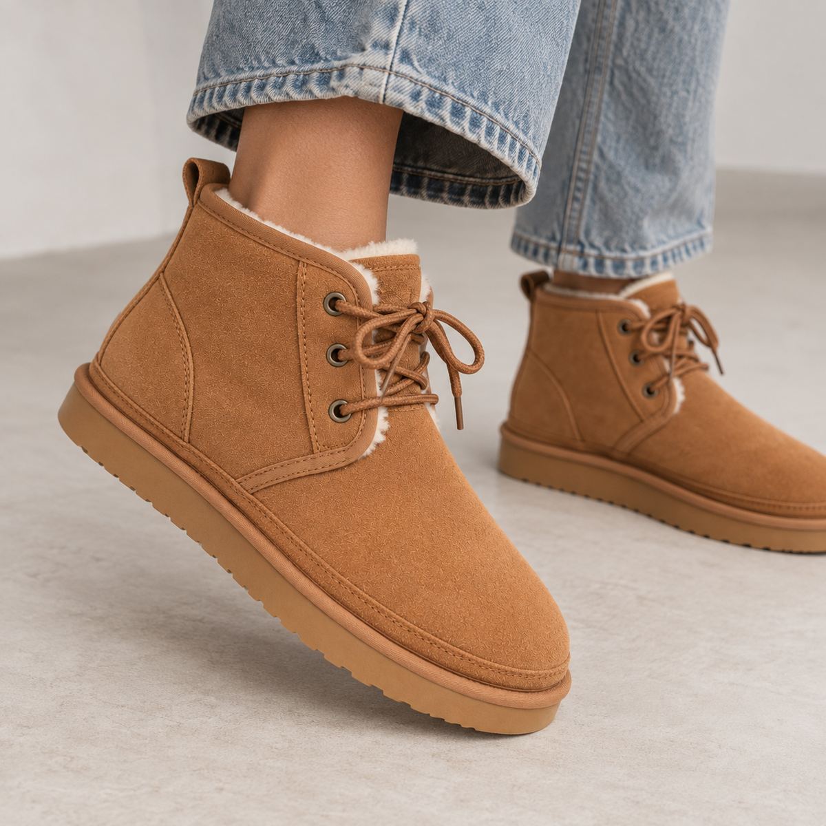 Women's Faux Suede Lace Up Ankle Boots with Warm Fur Lining