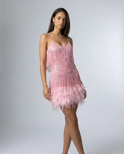 Pink feather trim fringe mini dress by Ilynora, front view with soft texture and feminine silhouette