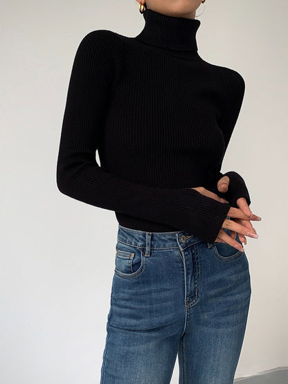 Women's Fitted Ribbed Turtleneck Jumper with Long Sleeves