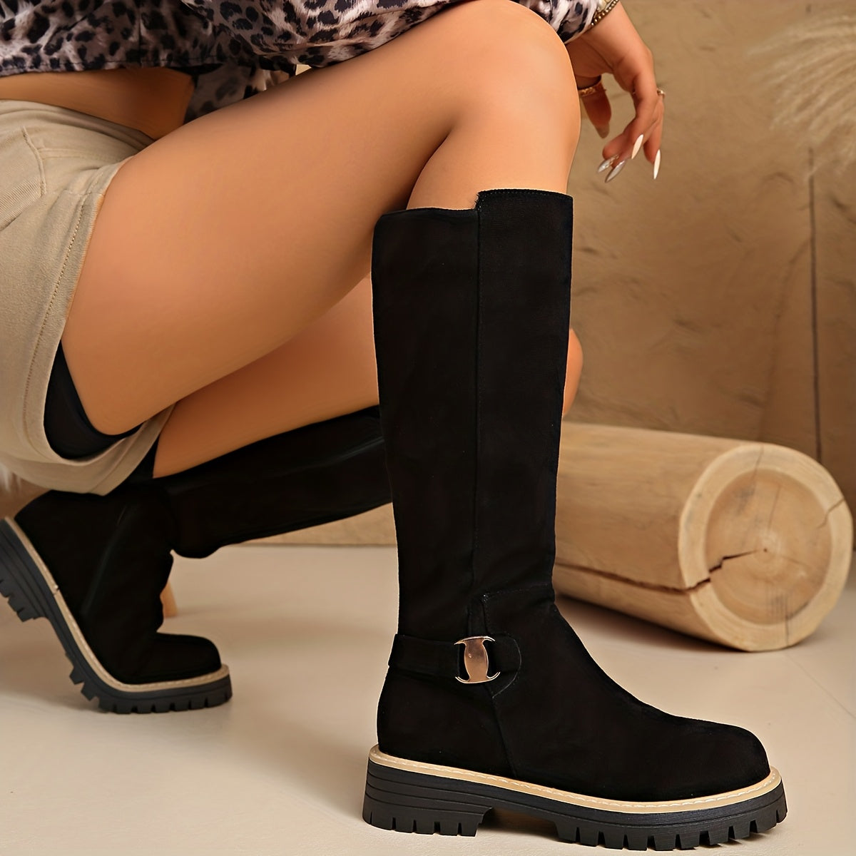 Women's Flat Knee High Suede Boots with Buckle Detail and Lug Sole