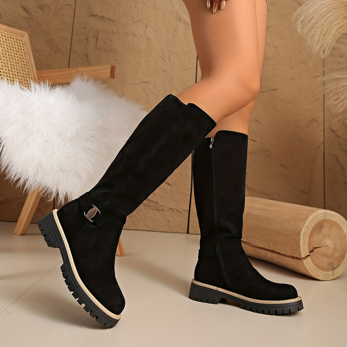 Women's Flat Knee High Suede Boots with Buckle Detail and Lug Sole