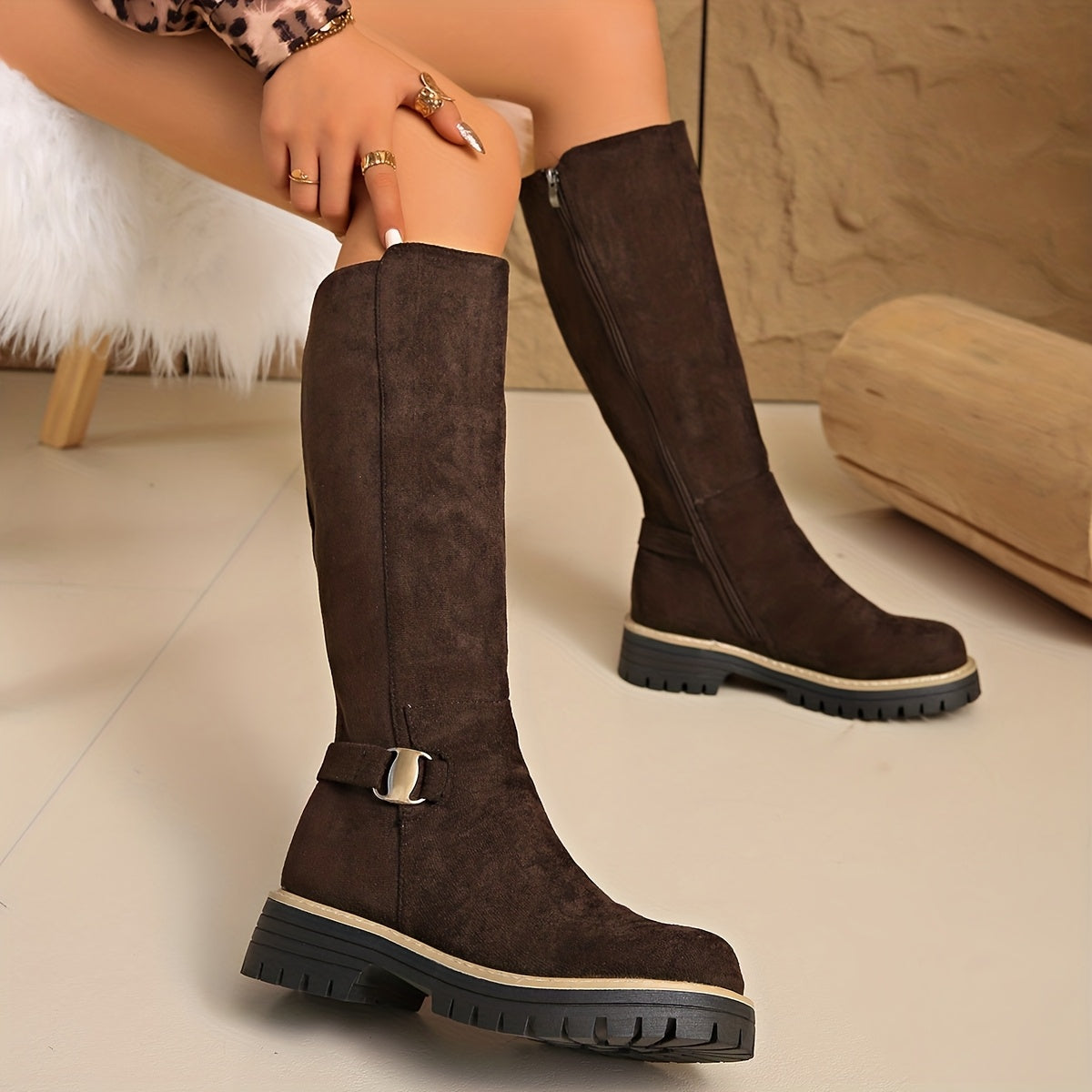 Women's Flat Knee High Suede Boots with Buckle Detail and Lug Sole