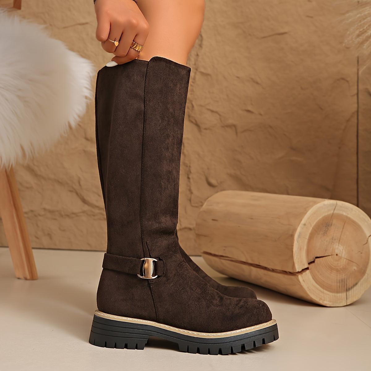 Women's Flat Knee High Suede Boots with Buckle Detail and Lug Sole