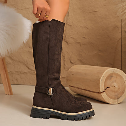 Women's Flat Knee High Suede Boots with Buckle Detail and Lug Sole
