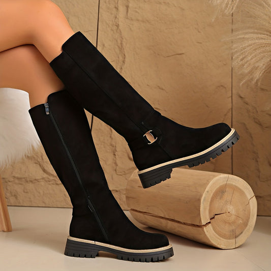 Women's Flat Knee High Suede Boots with Buckle Detail and Lug Sole